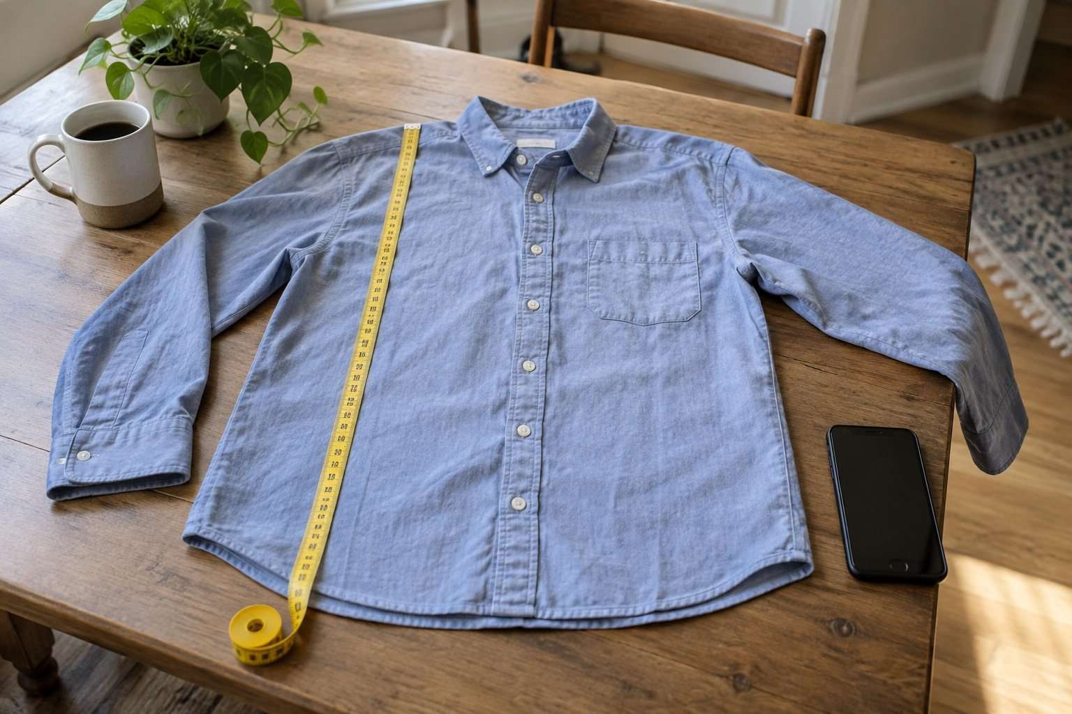 Camisa en plano con cinta métrica y un teléfono apoyado al lado